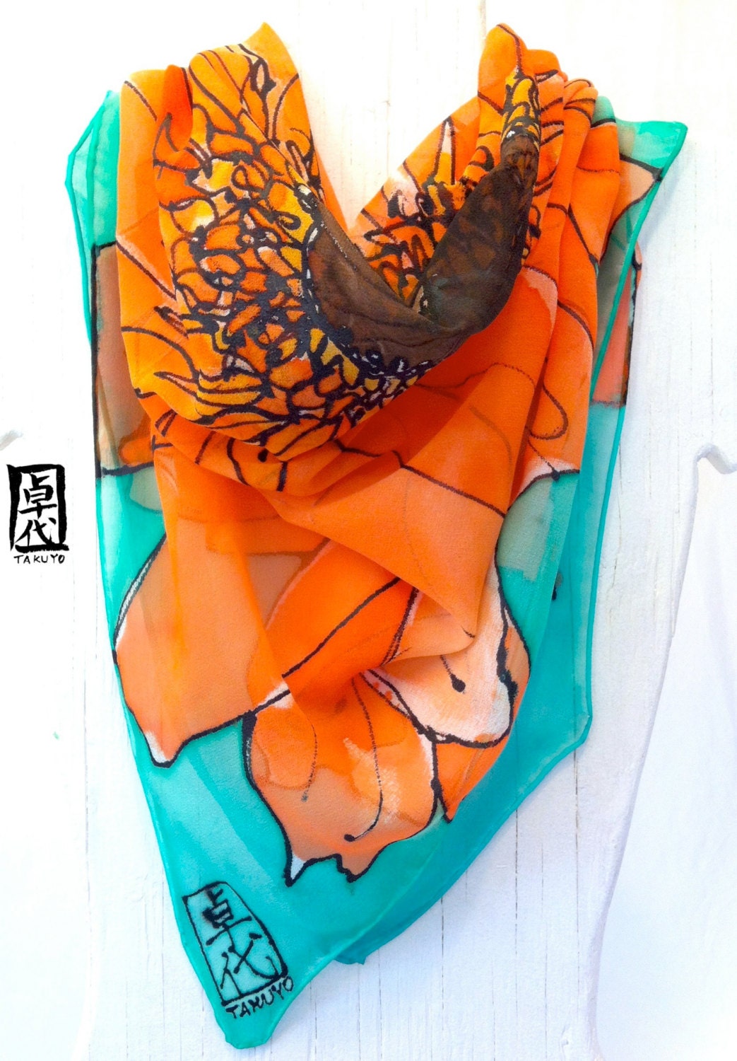 Hand Painted Square SIlk Scarf, Tangerine Orange Garbera Floral Scarf. hijab. Silk Chiffon Scarf. 34x34 in. Made to order.