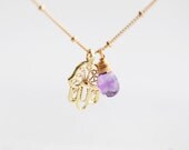 Hamsa Amethyst Necklace - gold dipped hamsa hand and February birthstone amethyst gemstone with 14k gold filled beaded chain