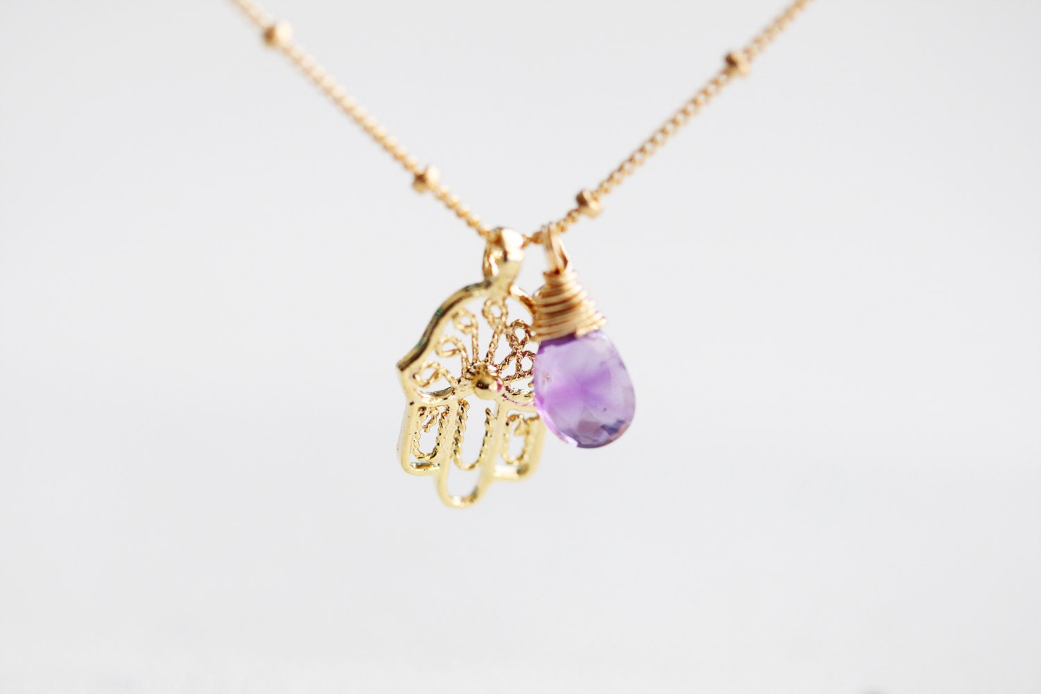 Hamsa Amethyst Necklace - gold dipped hamsa hand and February birthstone amethyst gemstone with 14k gold filled beaded chain