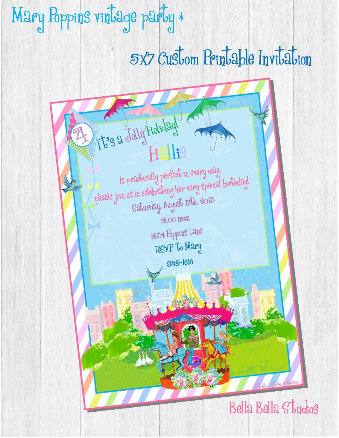 MARY POPPINS Vintage Party Printable Customized INVITE - Bella Bella Studios Il_570xn