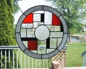 Black and white stained glass window panel round red clear stained glass panel window hanging modern abstract