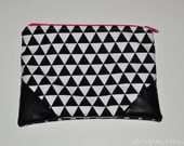 Ready to Ship - Fabric Pouch. Geometric Triangles. Vegan Leather Accents. Black White Hot Pink.