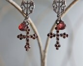 Vintage assemblage earrings sterling cross garnet gemstones rosary center assemblage jewelry -  by French Feather Designs.
