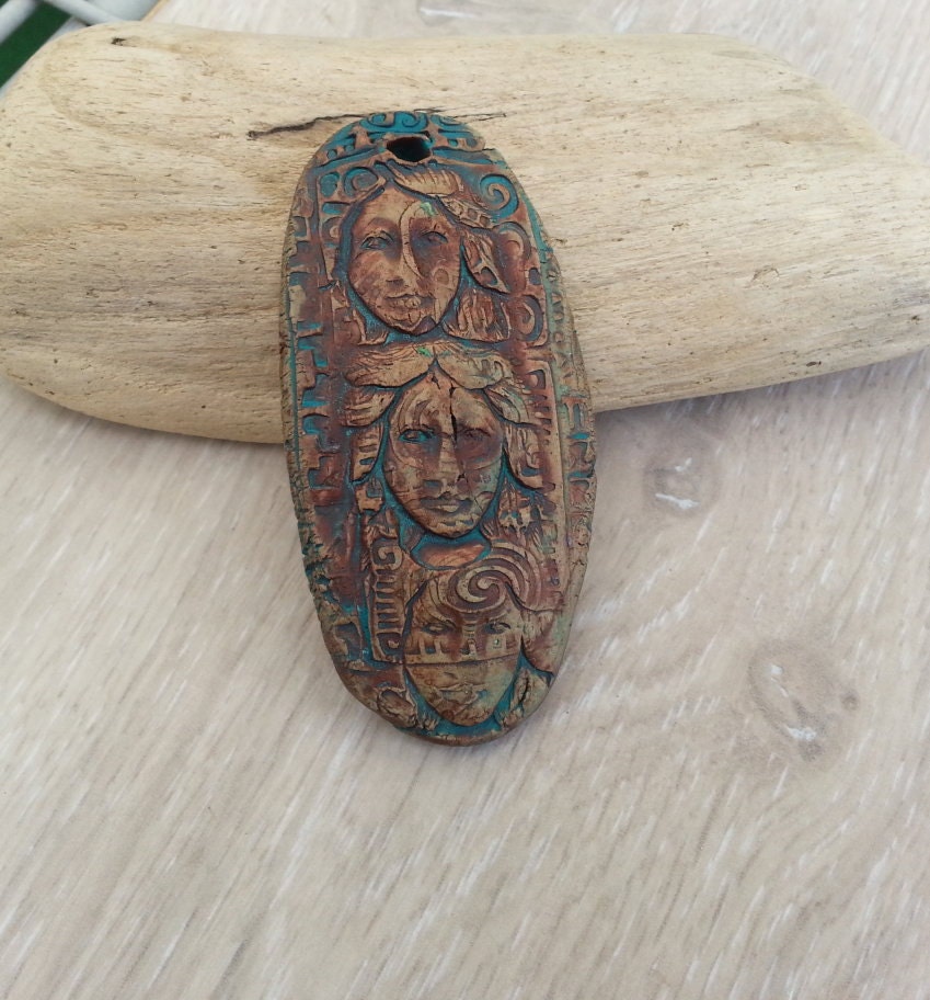 Ancestral Path  ceramic Tribal Talisman pendant and art bead with patina