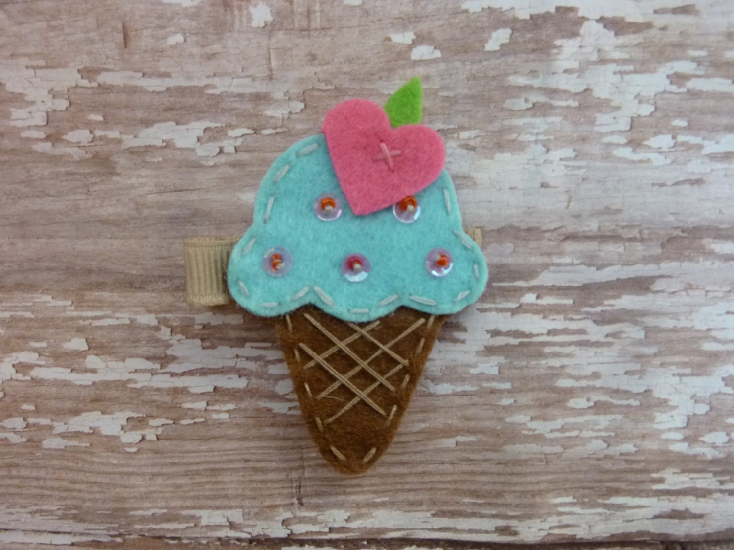 Turquoise and Pink Ice Cream Cone Hair bow- Birthday Party Favor- Everyday Clip - ice cream felt clip