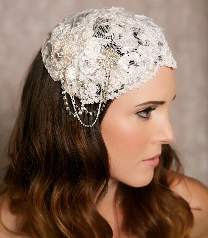 Lace Bridal Cap, Juliet Cap Veil, Lace Cap Veil, Wedding Cap Veil, Flapper Style Veil - Ready to Ship - MARLENE