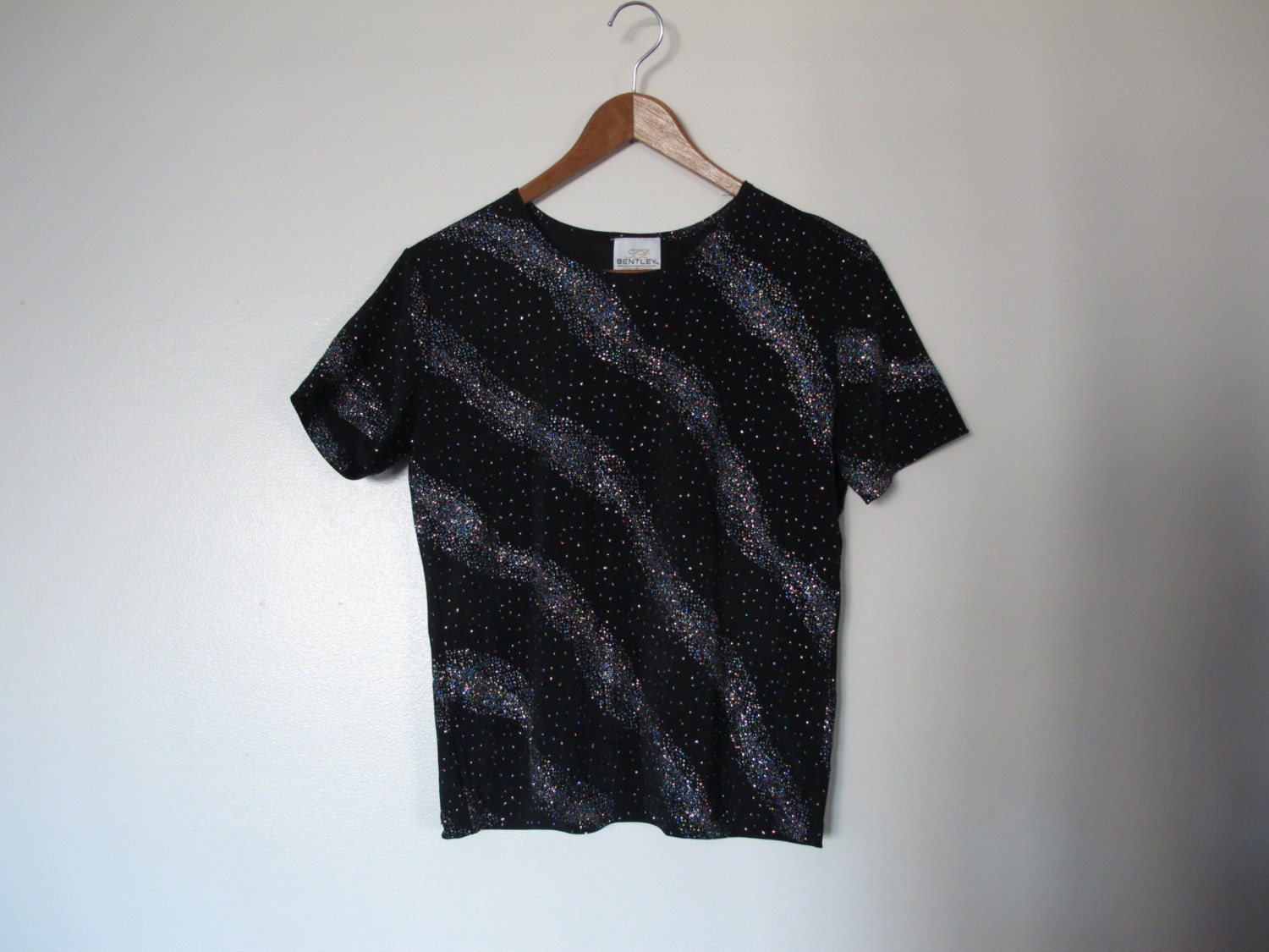 90s black turtleneck crop top short sleeve high neck black crop top shirt XS S spandex silver glitter