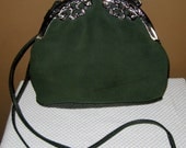 Vintage Silver & Green Suede Leather Lined Shoulder Bag Purse Pocket Book Hand Bag