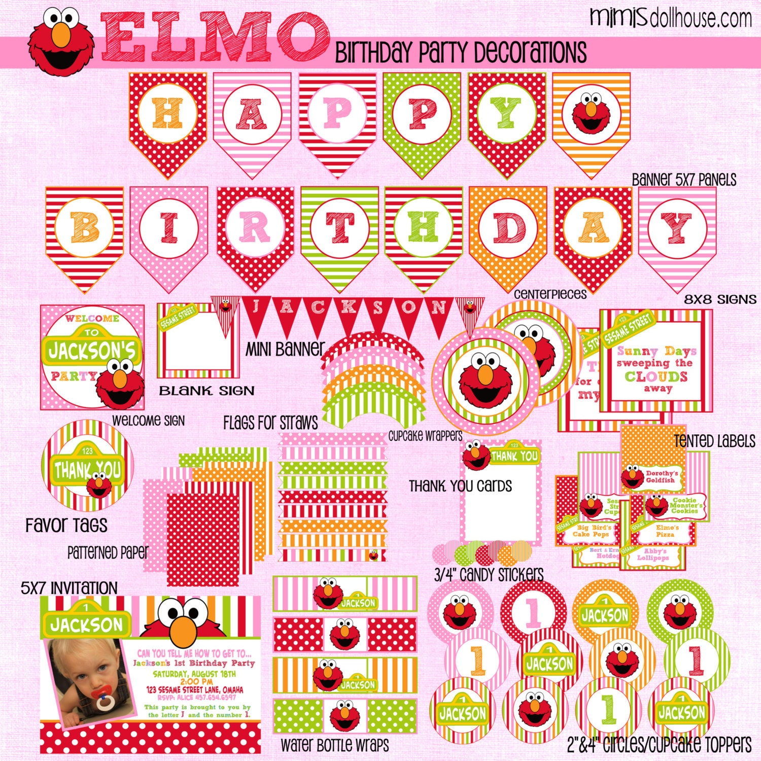 Elmo Decorations- Printable Pink Elmo Party Birthday Party Decorations- Girly Elmo Party PDF/JPEG Il_570xn