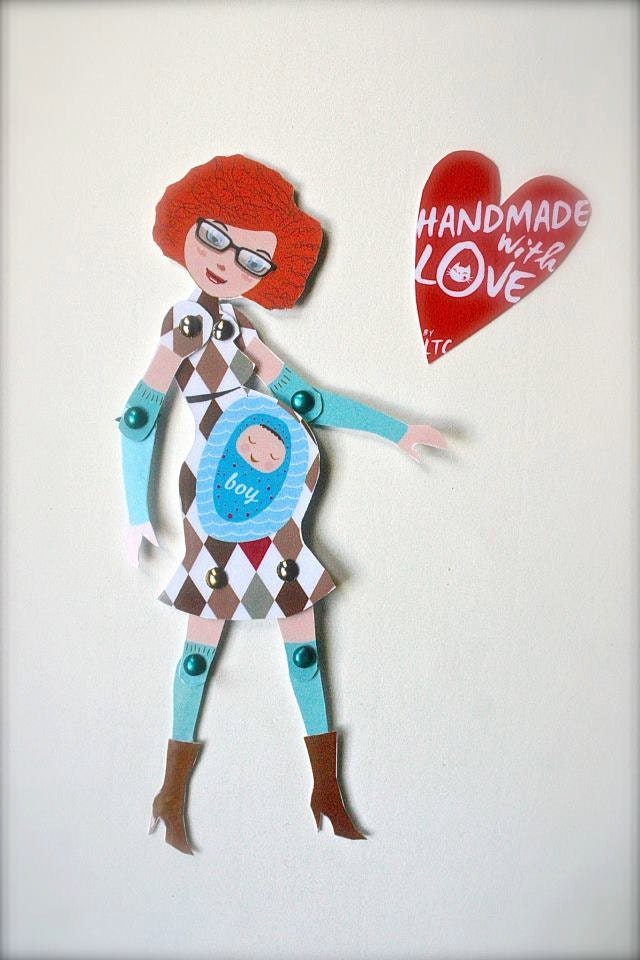 Moveable pregnant paperdoll in argyle dress with glasses - it's a boy