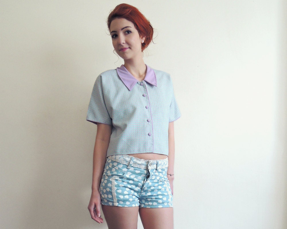 Aqua blue and lavender collared blouse . 60s French vintage