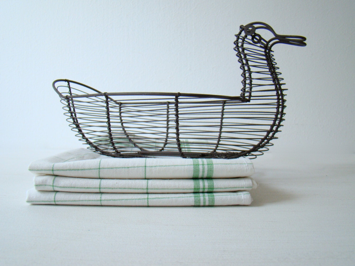 antique french kitchen towel, green stripes, vintage french kitchen linens, green grids, vintage tea towel, vintage dish towel
