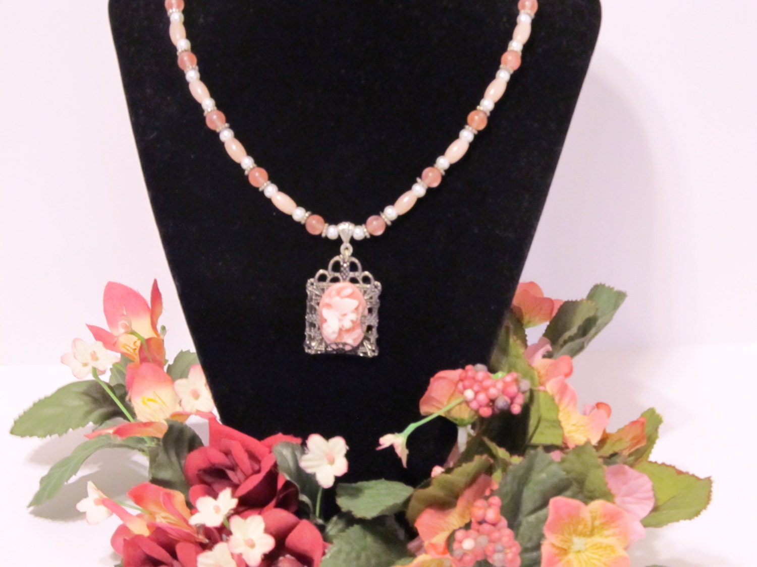 Spring Butterfly Cameo Pendant on Watermelon Tourmaline and Pink Jade Necklace