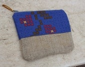 Upcycled Burlap Zippered Pouch with Blue Stitch Fabric - Nang