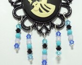 Gothic Lolita Necklace with Swarovski Crystals, Coffin Charm and Dangles - On A Triple Black Ribbon