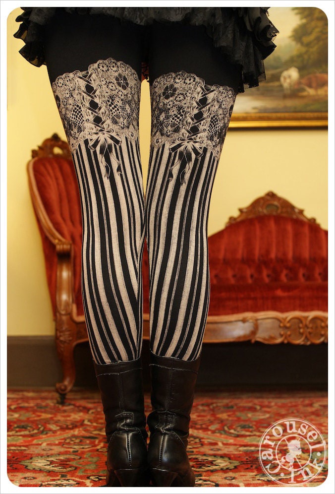 Burlesque Leggings - Garter Legging - BLACK - Suspender leggings - printed Tights - LARGE