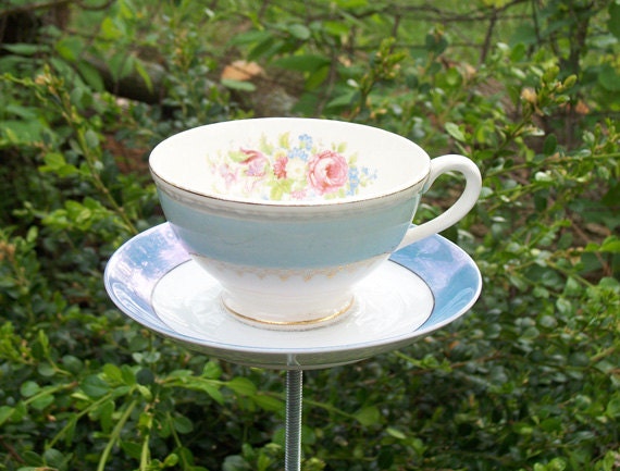 Light Blue Lusterware Tea Cup Bird Feeder - Elegant Upcycled China