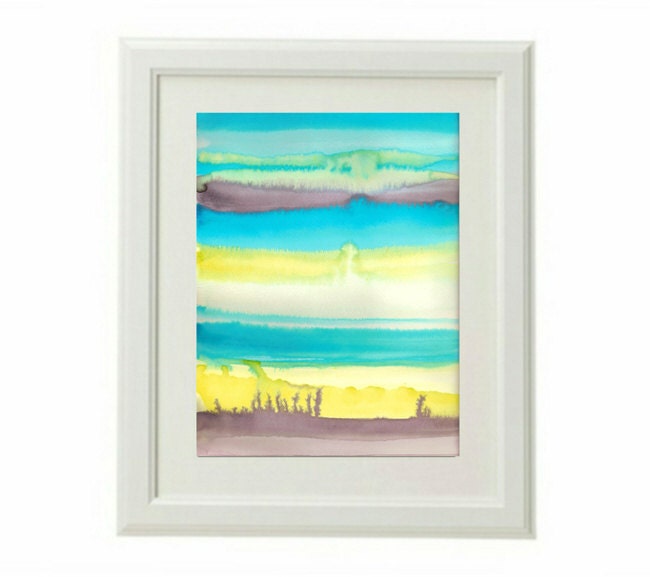 Abstract Watercolor Painting Original, Seascape, Ocean, Beach, Modern Wall Decor, Turquoise, yellow, gray