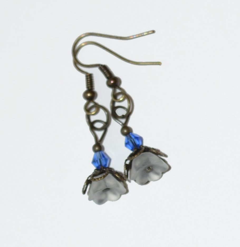 Gifts for her, under 20, Dangle Earrings White Blue Brass Flower OOAK Original Design