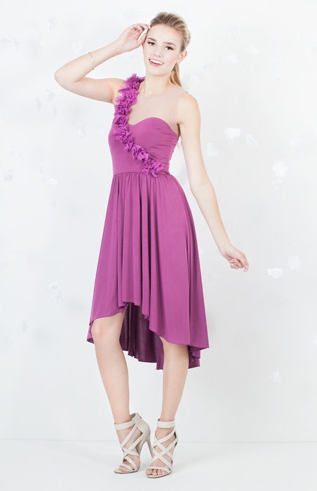 Purple Bridesmaid Dress with Beautiful Draped Skirt and Chiffon Flower Strap