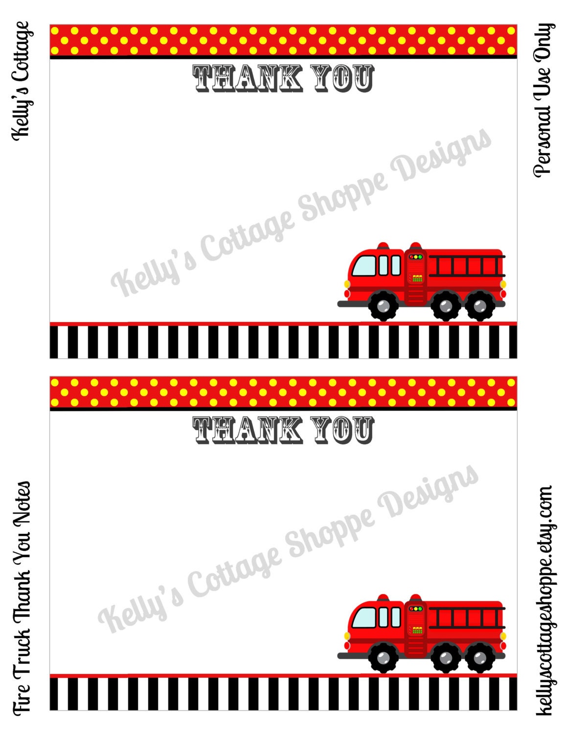 Instant Download, Printable Fire Truck Birthday Party Thank You Notes (5 x 7)