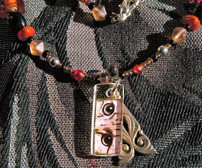 Pink Cat Necklace. Cat eye pendant and abstract  pendant.  Red and black beads. Chunky necklace. Cat jewellery.