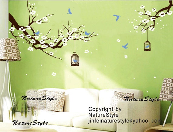 cherry blossom wall decals birds vinyl wall decals nursery wall decals tree wall mural cherry decor-Plum Blossom with Flying Birds
