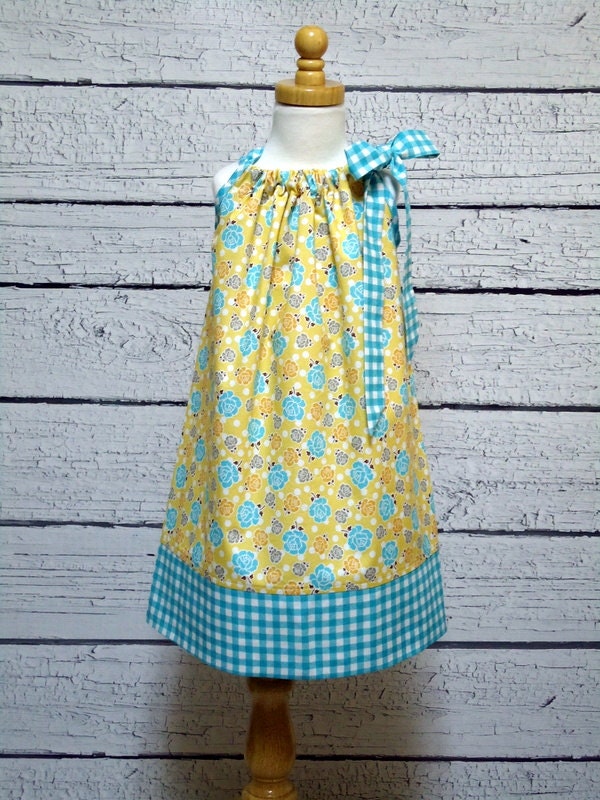 Girls Pillowcase Dress, Yellow Polka Dot Roses, Blue Gingham - Size 6 - 12 month, 12 - 18 month, 18 - 24 month, 2T / 3T, 4 / 5, 6 / 7, 8 / 9