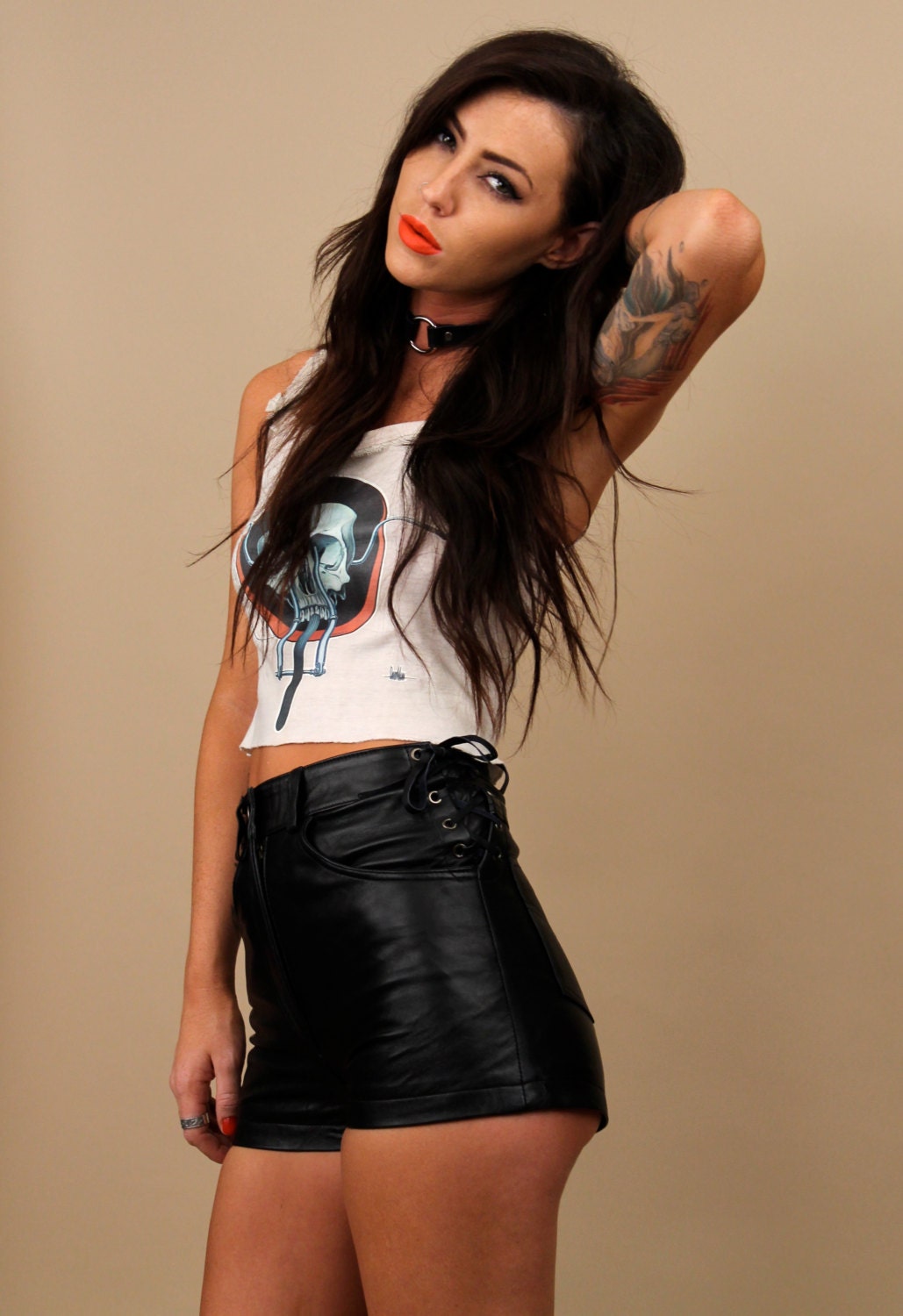 80s 90s Vtg Leather Lace Up Detail Hot Pants / High Waisted Shorts / Sz XS - SMALL / Black Witch Grunge Goth