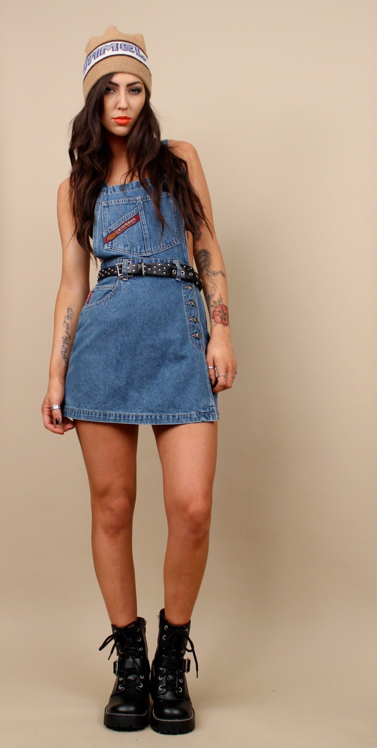 90s Vtg DENIM Mini SKORT Romper Dress / Suspender Shorts & Skirt In One / Grunge Boho Club Kid / Super Low Cut Out Razor Back / Sz Small XS