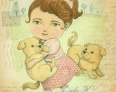 Nursery Decor, Girl Illustration, Kids Room Decor, Print of Original Watercolor Painting, Children's Illustration, Puppy Dog Painting - Emma