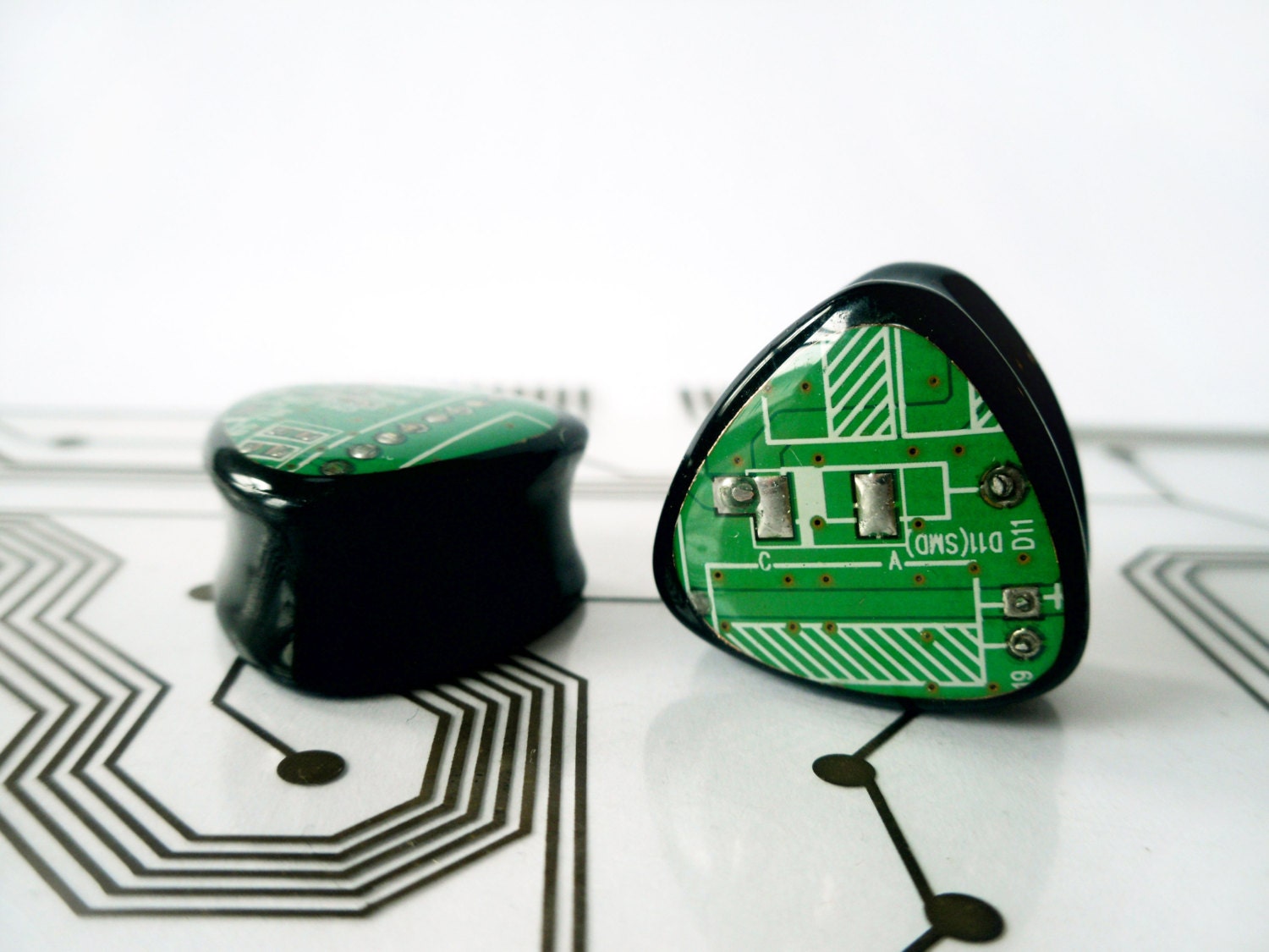 Triangle Circuit Board Plugs - Custom Color and Size - Black Acrylic Triangular Tunnels - Green, Blue, Gold, Red - Cyborg Series