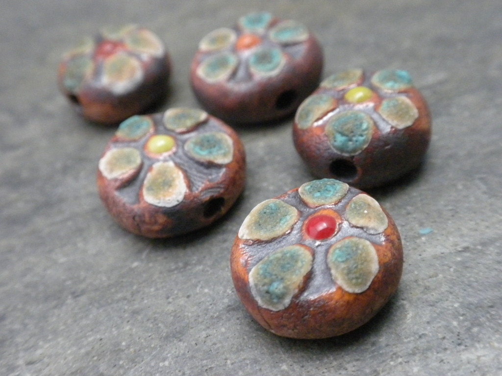 Rustic Bloom Beads- handmade small ceramic flower bead set 3232