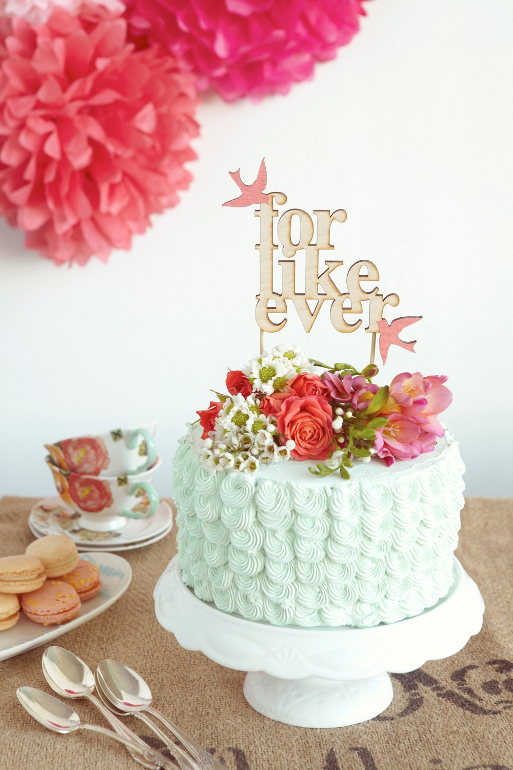 For Like Ever Wedding Cake Topper with Coral Love Birds - Ready to ship
