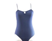 Vintage Navy Polka Dot One Piece Swimsuit // Convertible Straps