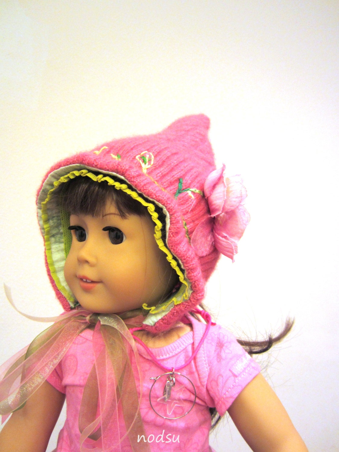 Photo prop hat for newborns, pink green fairy pixie hood, embroidered spring baby hat, cap  fits 18 inch dolls, baby photography