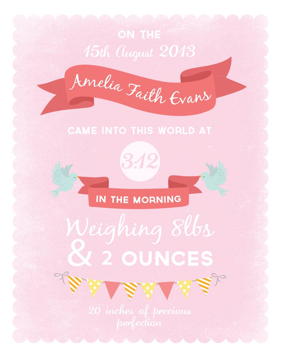 Personalized Birth Baby Print. Custom Nursery Art. Birth announcement 8x10. You choose text and colours. Modern banner typography.