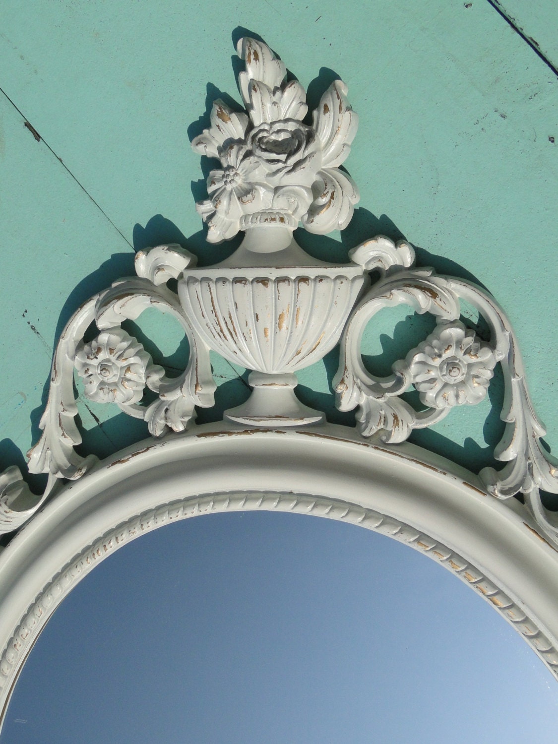Large Ornate Oval Framed Mirror Hollywood Regency Vintage Nursery French Country distressed heirloom white "Golden Vanilla Mirror"