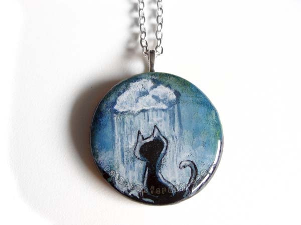Rain Cloud Pendant, Black Cat Necklace, Hand Painted Jewelry, Art Resin Pendant, Wood Necklace
