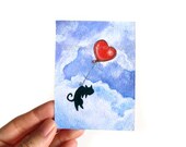 Heart Balloon Cat Art, Original ACEO Painting, Black Cat Picture, Miniature Painting, Flying Cat Art, Whimsical Animal Illustration,