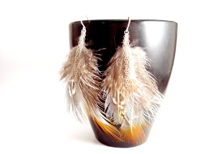 Wild Pheasant Feather Earrings, 925 Sterling Silver Feather Earrings, Silver Chain Earrings, Natural Gray Brown White Blue Feather Earrings