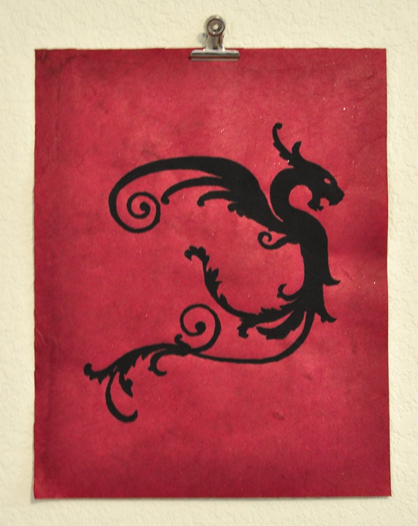 Black Dragon on Magenta Handmade Paper - 11" x 14"
