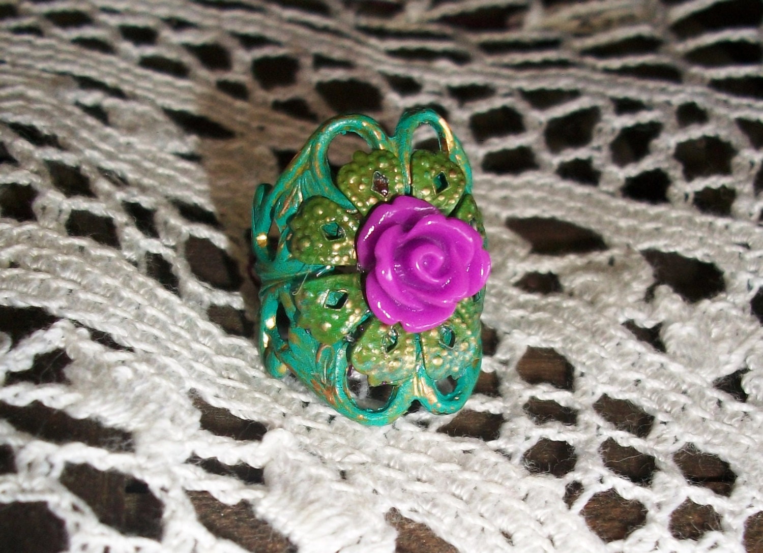 FLORAL Brass RING, HANDMADE w/ Purple Rose, Layered Metal Ring, Green/Blue Patina On Vintage Filigree Brass, Adjustable