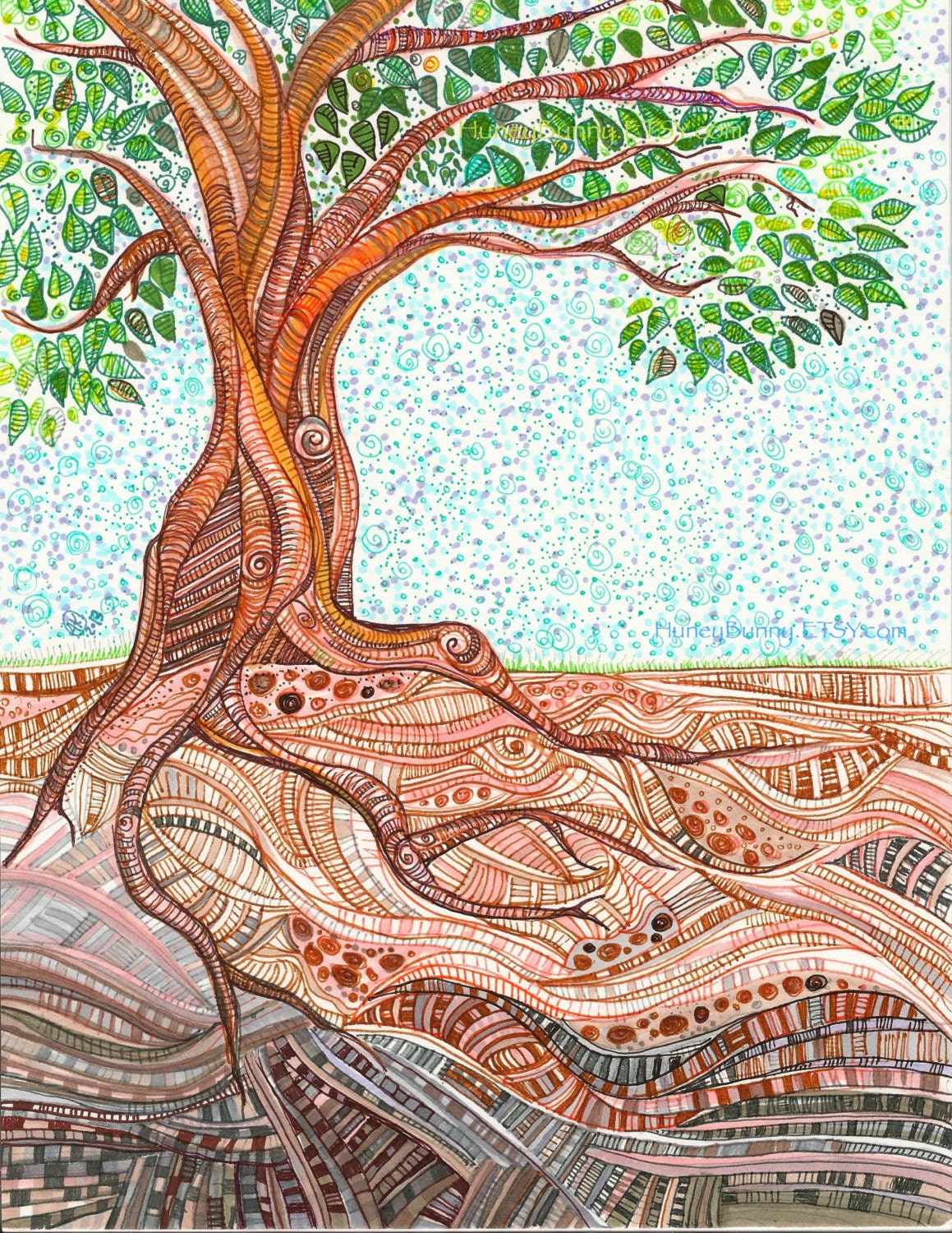Tree Drawing. Green Spring Leaves. Original Highly Detailed Art from Allie Kelley.
