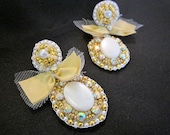 PEARL and 24k gold beaded silk and tulle bows with bezel set crystal earrings gold leaf leather post with guard