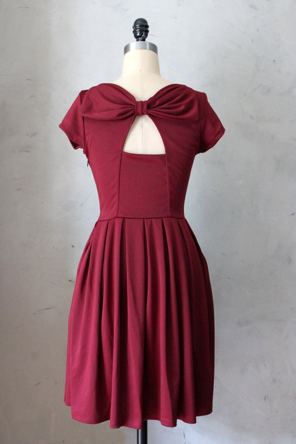 HOLLY GOLIGHTLY in PORT- Burgundy wine dress with pockets // pleated skirt // back cut out // bridesmaid dress // vintage inspired // party