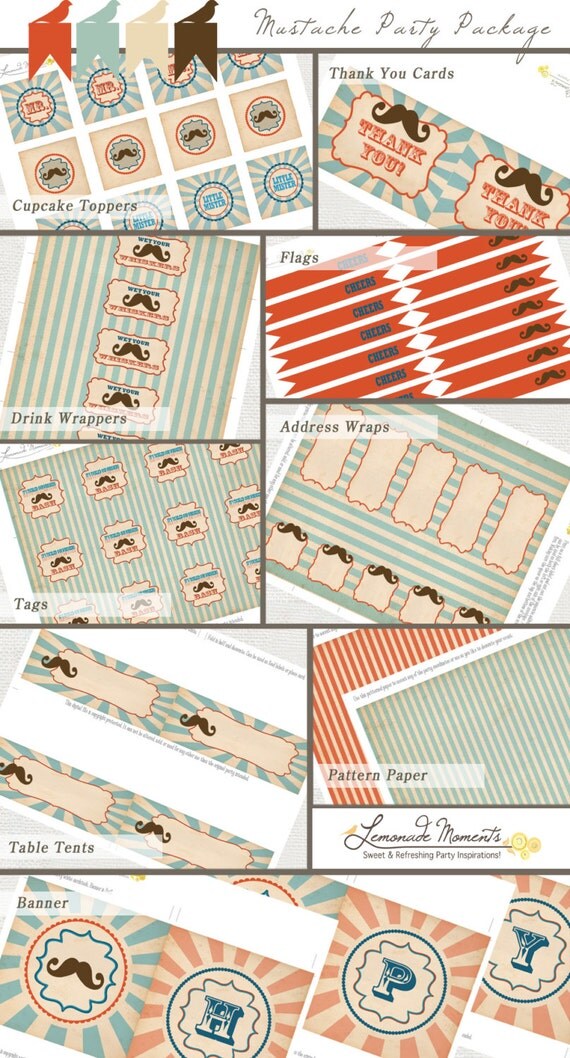 Mustache Bash Printable Party Package - INSTANT DOWNLOAD