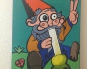Gnome Smoking Bong Throwing up Peace Sign Acrylic Paint on Canvas