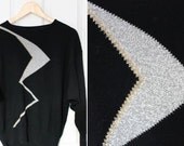 Vintage 1980s Black Batwing Jumper with Silver and Gold Lightning Bolt Size 10-12 UK, 6-8 US, 38-40 EU