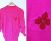 Vintage 1980s Neon Pink Batwing Jumper with Red Flower Detail Size Small
